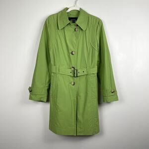 Jones New York Womens Trench Coat Belted Green Mid-Length Rain Jacket Size L